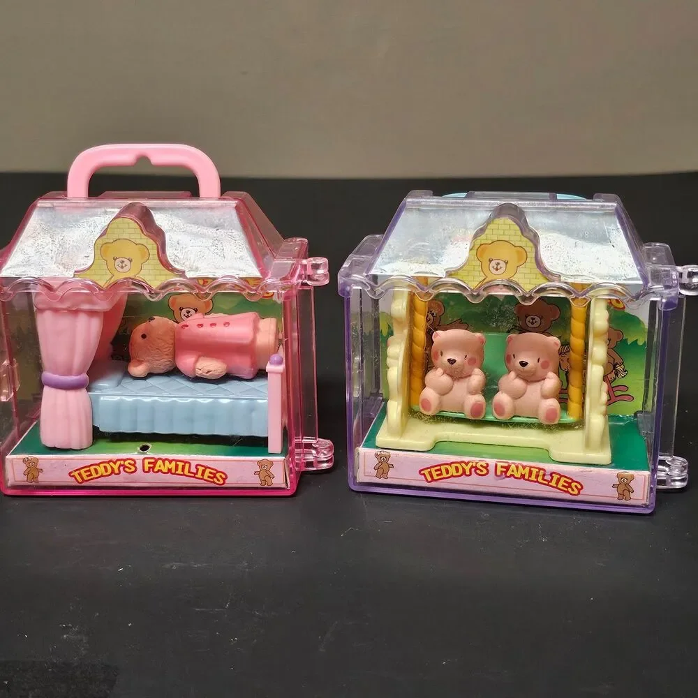 Vtg Set of 2 Teddy's Families Miniature Toy Playsets Polyfect Toys 1990s.